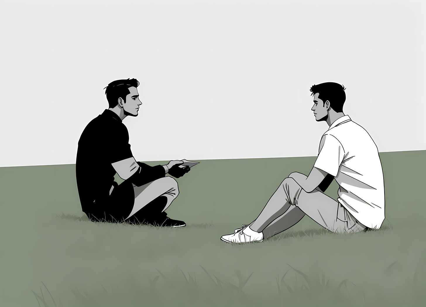 two men sitting on the grass talking