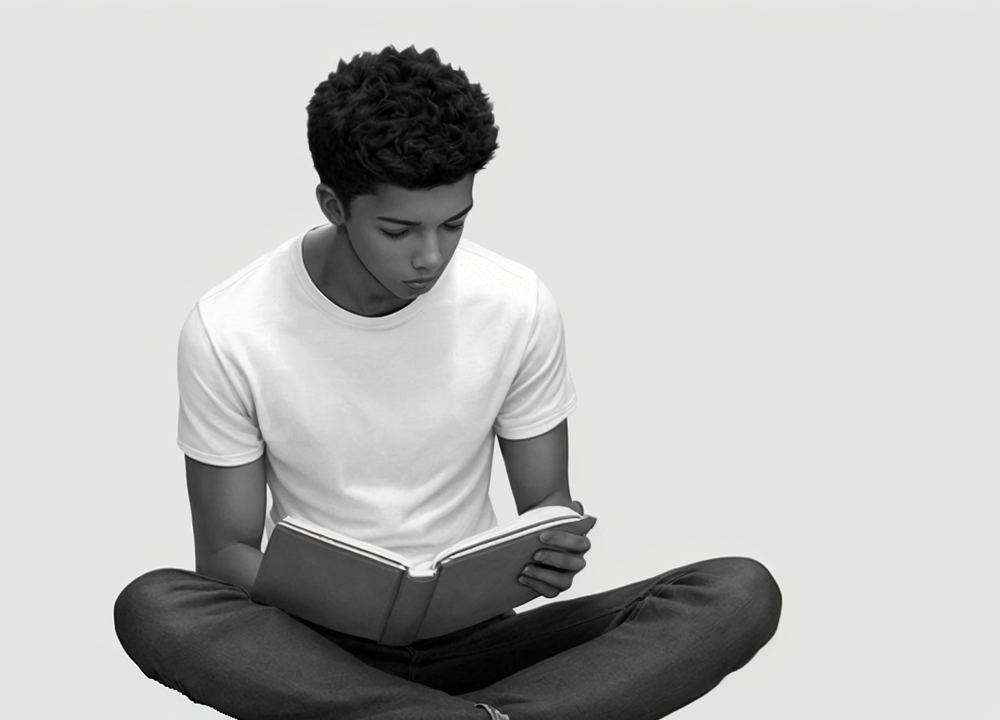 young man sitting on the ground reading a book