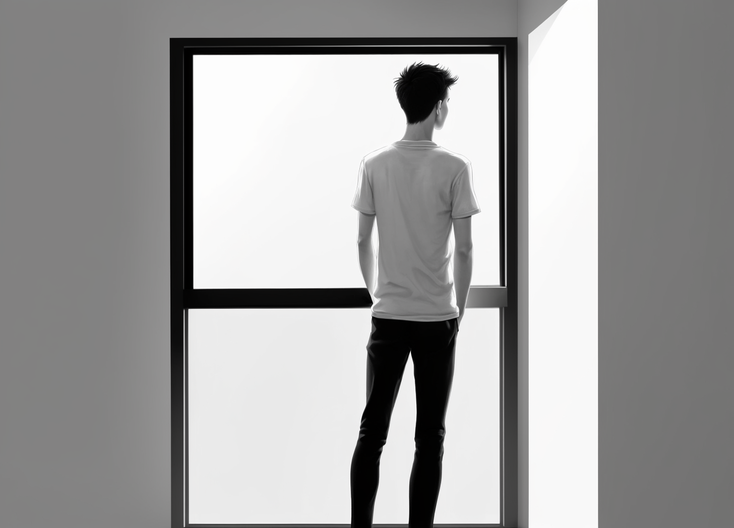 young man looking out a window