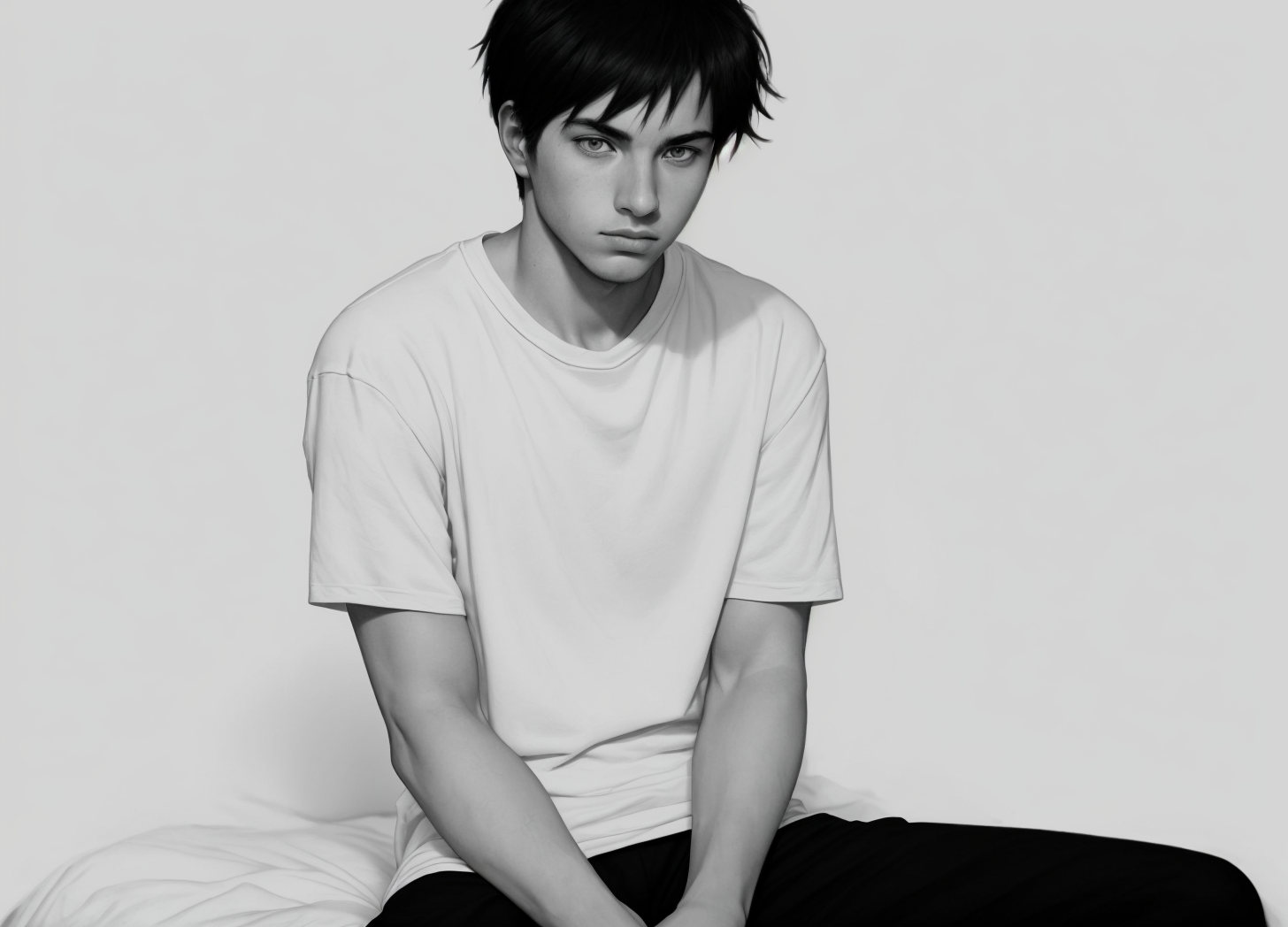 Young man sitting on a bed