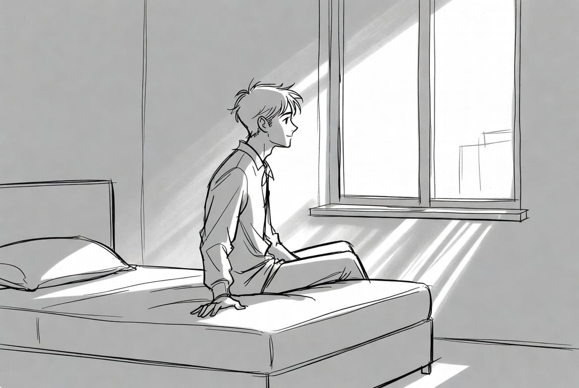 young man sitting on a bed looking out the window