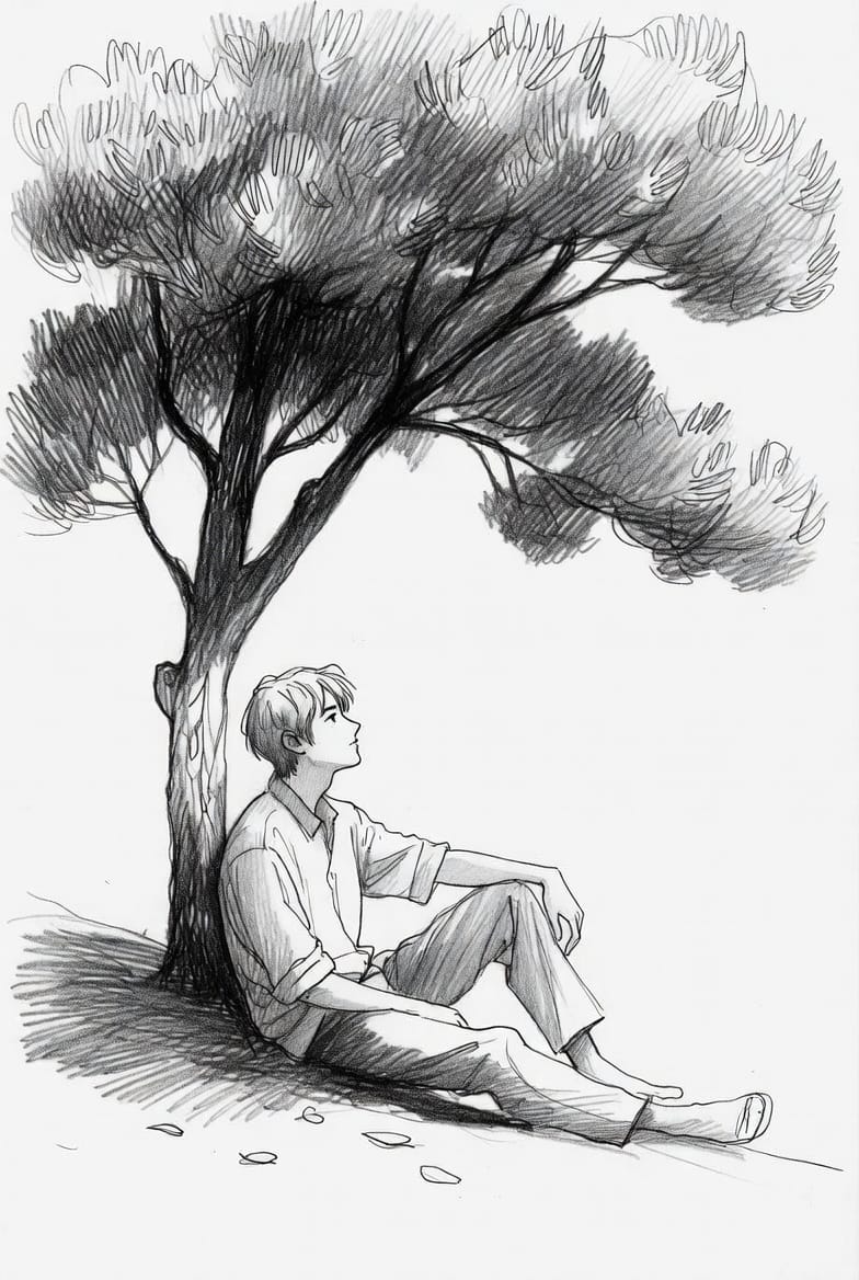 young man sitting under a tree