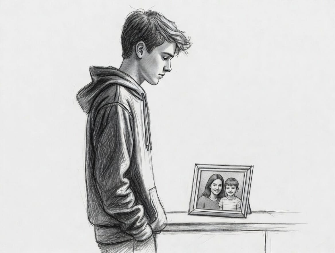 young man looking at a family photo