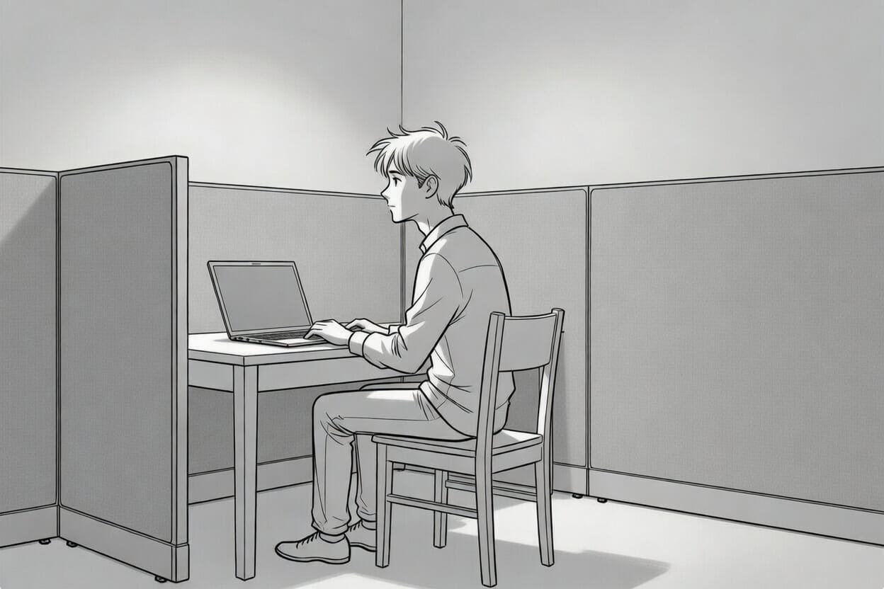 young man sitting at a desk working on a laptop